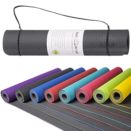 Body & Mind Yogamatte – umweltfreundliche, hypo-allergene Yoga TPE-Matte – extrem rutschfest, weich und schadstoff-frei – 183 x 61 x 0,5cm inkl. Trageschlaufen – Grau